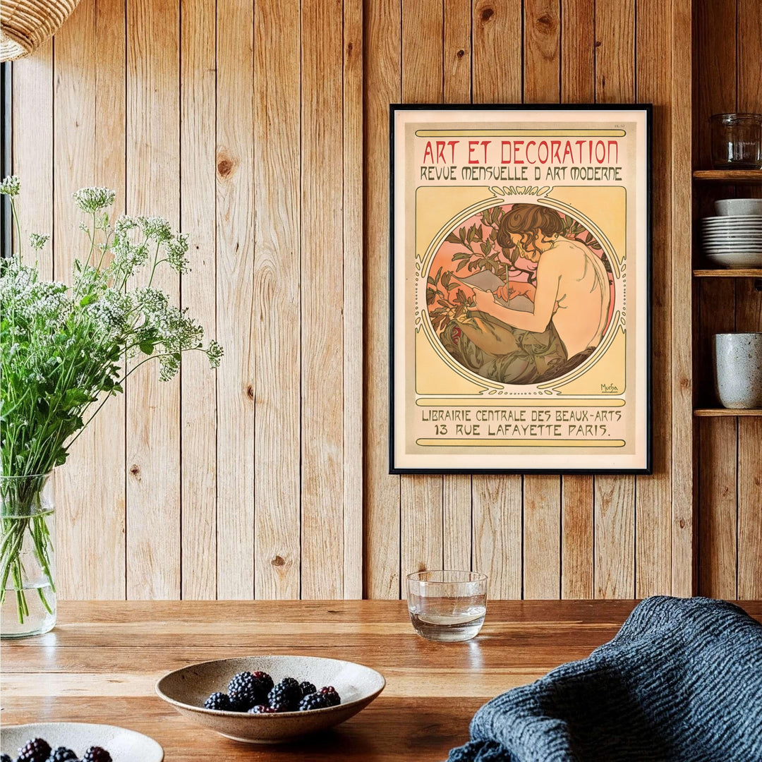 Vintage Parisian magazine cover poster Art Et Decoration by artist Alphonse Mucha displaying ochre yellow and warm peach hues at 13 Rue Lafayette Paris. Shop high-definition framed, unframed, and canvas art print choices at MapYourDreams.