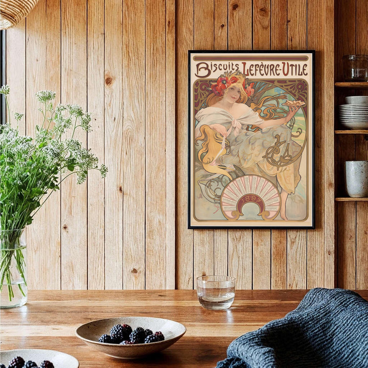 Vintage Parisian advertisement poster Biscuits Lefevre Utile by artist Alphonse Mucha displaying soft sage and red poppy tones in Nantes France. Shop high-definition framed, unframed, and canvas art print choices at MapYourDreams.