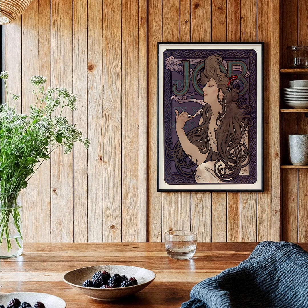 Vintage Parisian advertisement poster JOB Cigarette Papers by artist Alphonse Mucha displaying rich purple and gold hues in Paris France. Shop high-definition framed, unframed, and canvas art print choices at MapYourDreams.