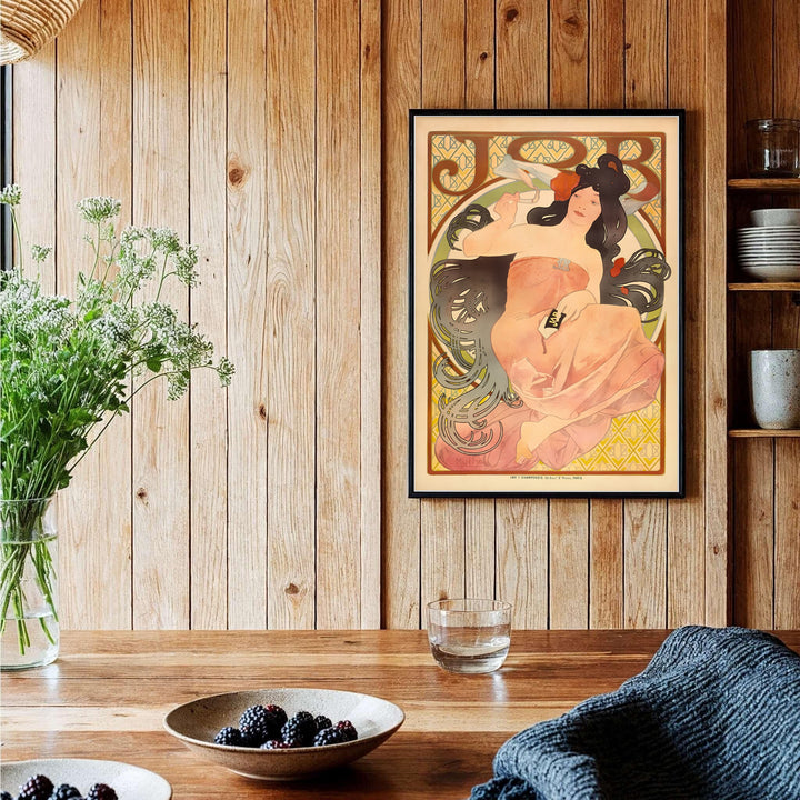 Vintage Parisian advertisement poster JOB Cigarette Papers by artist Alphonse Mucha displaying warm yellow and coral pink hues at Boulevard Saint-Michel Paris. Shop high-definition framed, unframed, and canvas art print choices at MapYourDreams.