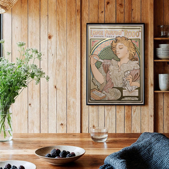 Scenic French illustration travel wall art Lance Parfum Rodo by artist Alphonse Mucha highlighting 1896 fragrance advertising artwork in Paris France. MapYourDreams delivers archival framed, unframed paper, and gallery canvas prints.