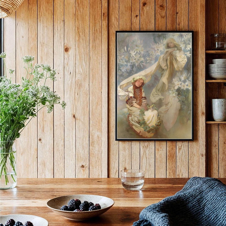 Vintage Bohemian fine art poster Madonna Of The Lilies by artist Alphonse Mucha displaying soft ivory and lavender hues in Prague Bohemia. Shop high-definition framed, unframed, and canvas art print choices at MapYourDreams.