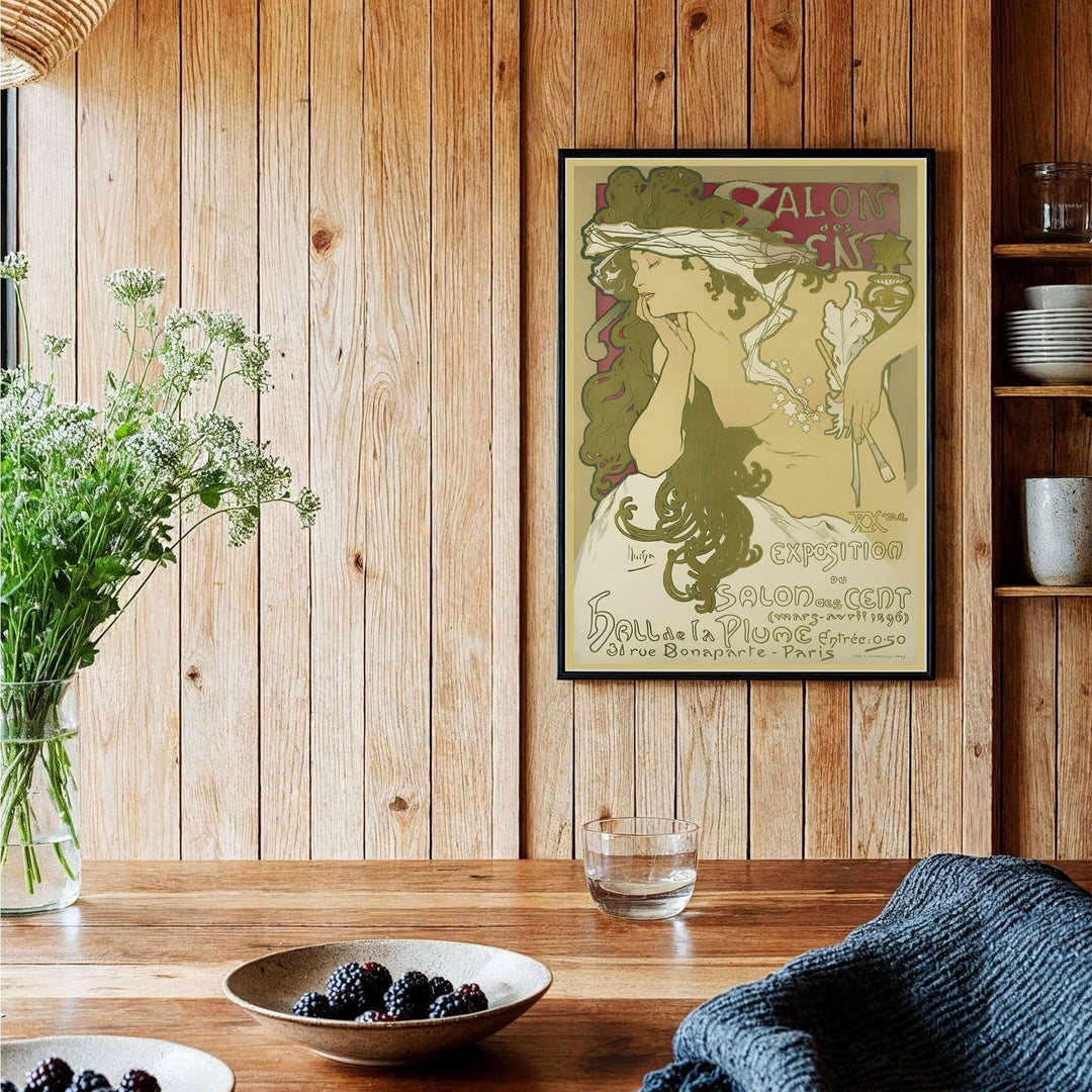 Authentic 1896 Parisian exhibition poster Salon Des Cent by artist Alphonse Mucha featuring organic line artwork at 31 Rue Bonaparte Paris. Shop high-definition framed, unframed, and canvas art print choices at MapYourDreams.