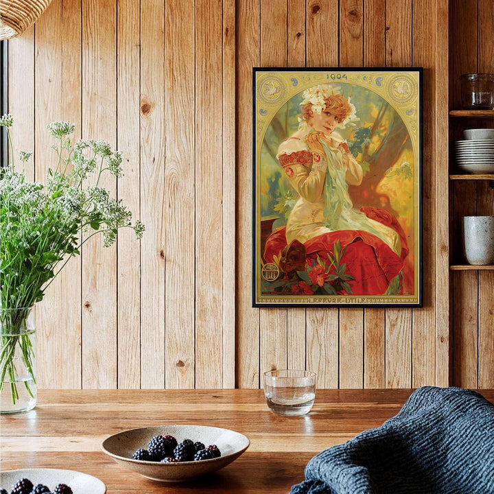 Authentic 1903 Parisian illustration poster of Sarah Bernhardt by artist Alphonse Mucha in Paris France, sold as an unframed art print, textured canvas print, or ready-to-hang framed wall decor at MapYourDreams.