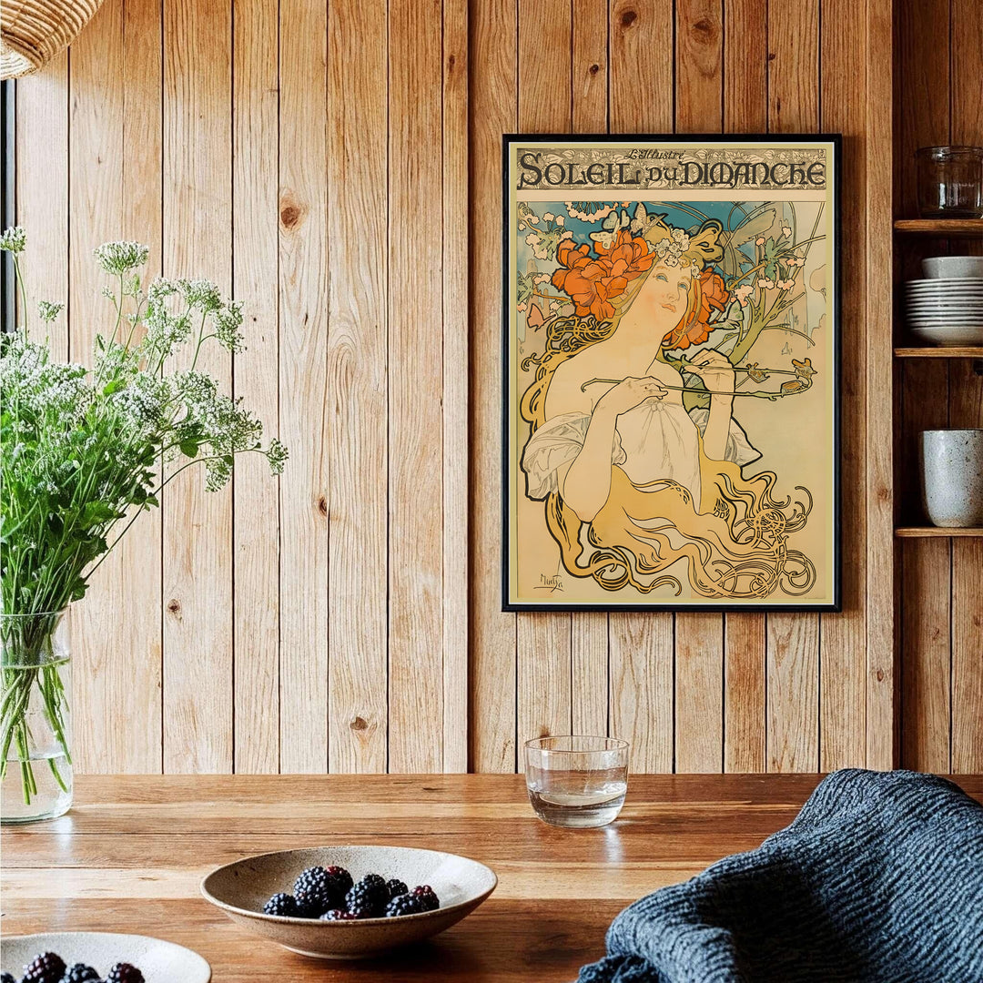Scenic Paris illustration travel wall art Soleil Du Dimanche by artist Alphonse Mucha highlighting 1898 French artwork at Soleil Du Dimanche. MapYourDreams delivers archival framed, unframed paper, and gallery canvas prints.