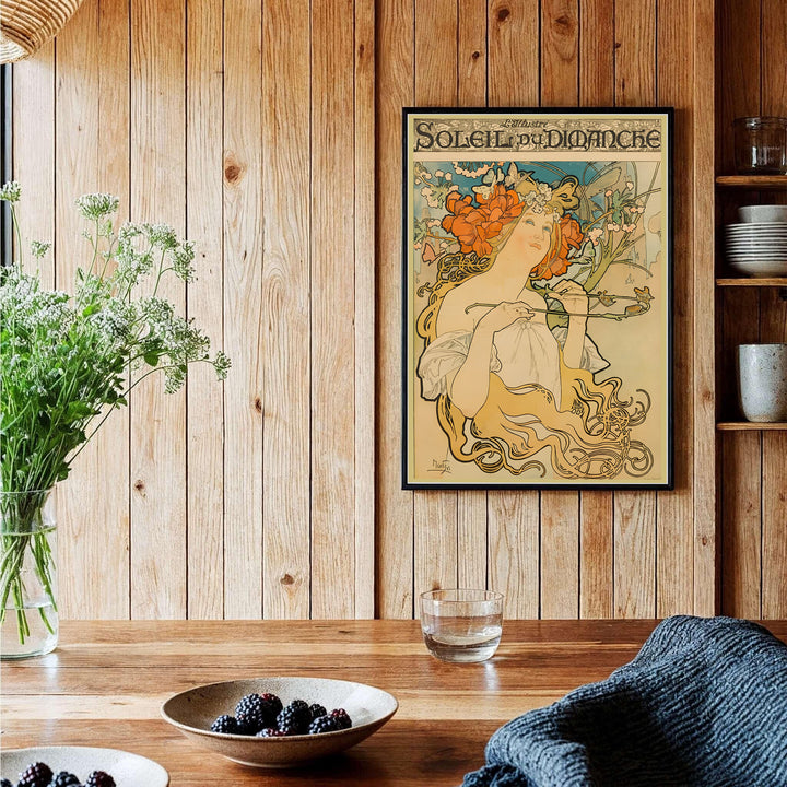 Scenic Paris illustration travel wall art Soleil Du Dimanche by artist Alphonse Mucha highlighting 1898 French artwork at Soleil Du Dimanche. MapYourDreams delivers archival framed, unframed paper, and gallery canvas prints.