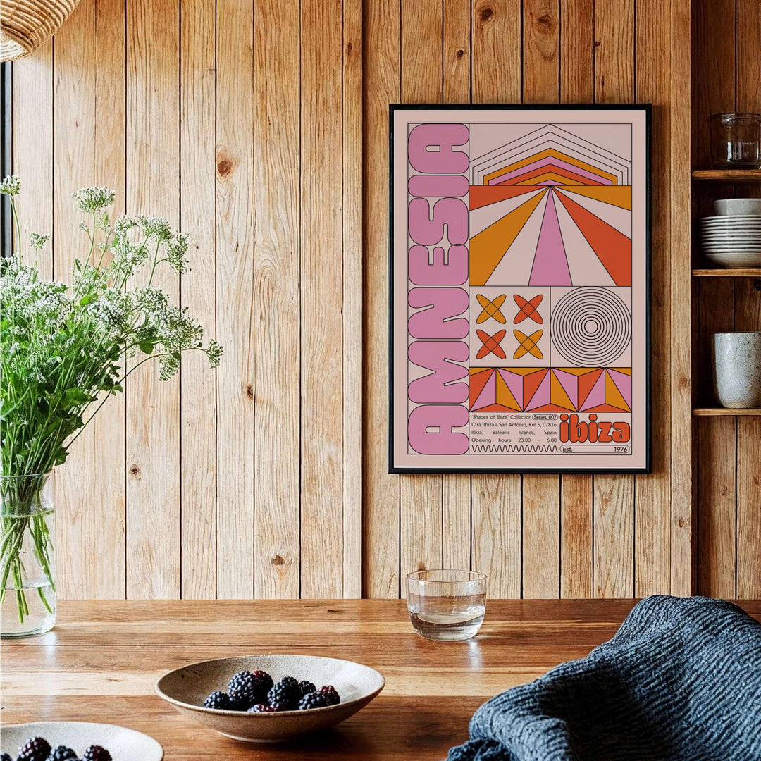 Terracotta and blush pink abstract poster of Amnesia Ibiza featuring geometric line art and retro typography, provided by MapYourDreams with available options like unframed paper prints, gallery canvas, or custom frame finishes in natural wood, pure gold, and bronze for home bar areas.