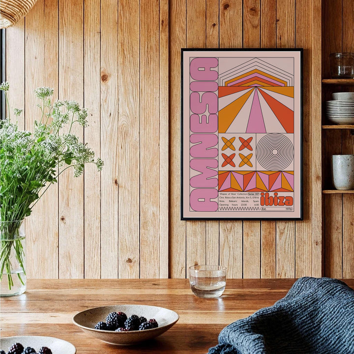 Terracotta and blush pink abstract poster of Amnesia Ibiza featuring geometric line art and retro typography, provided by MapYourDreams with available options like unframed paper prints, gallery canvas, or custom frame finishes in natural wood, pure gold, and bronze for home bar areas.