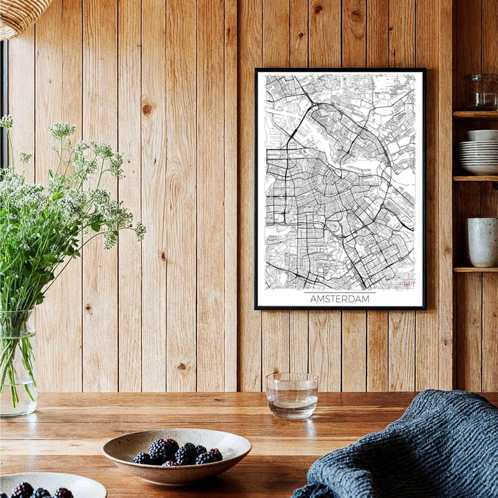 Minimalist European travel map print capturing the cartographic beauty and road grid of Amsterdam Netherlands, available at MapYourDreams as an unframed archival poster, a stretched gallery canvas print, or a custom framed wall display designed for executive office spaces.