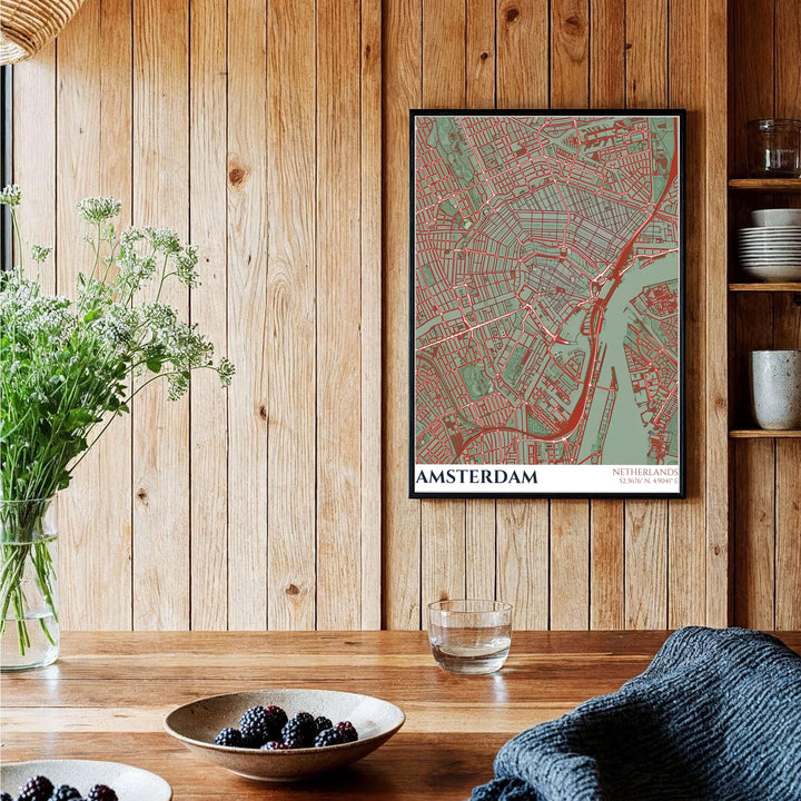 High-contrast sage green and red street poster of Amsterdam&