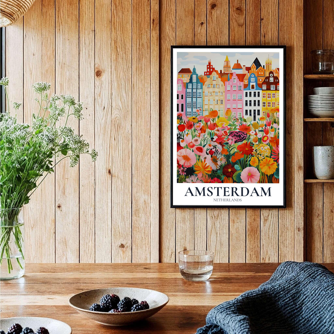 Colorful botanical travel poster of Amsterdam canal houses and spring wildflowers, provided by MapYourDreams in versatile choices including unframed paper, gallery wrapped canvas, or custom frame configurations in retro black, pure gold, and natural wood for creative studio decor.