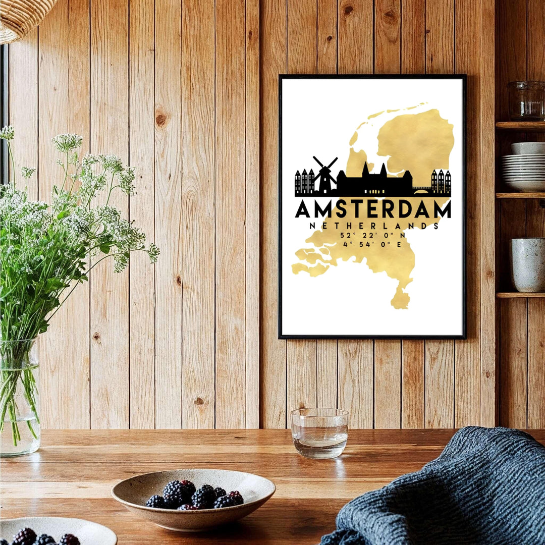 Luxury gold and black map poster featuring Amsterdam coordinates and iconic skyline silhouettes, provided by MapYourDreams in versatile choices including unframed paper, gallery wrapped canvas, or custom frame configurations in retro black, pure gold, and natural wood for entryways.