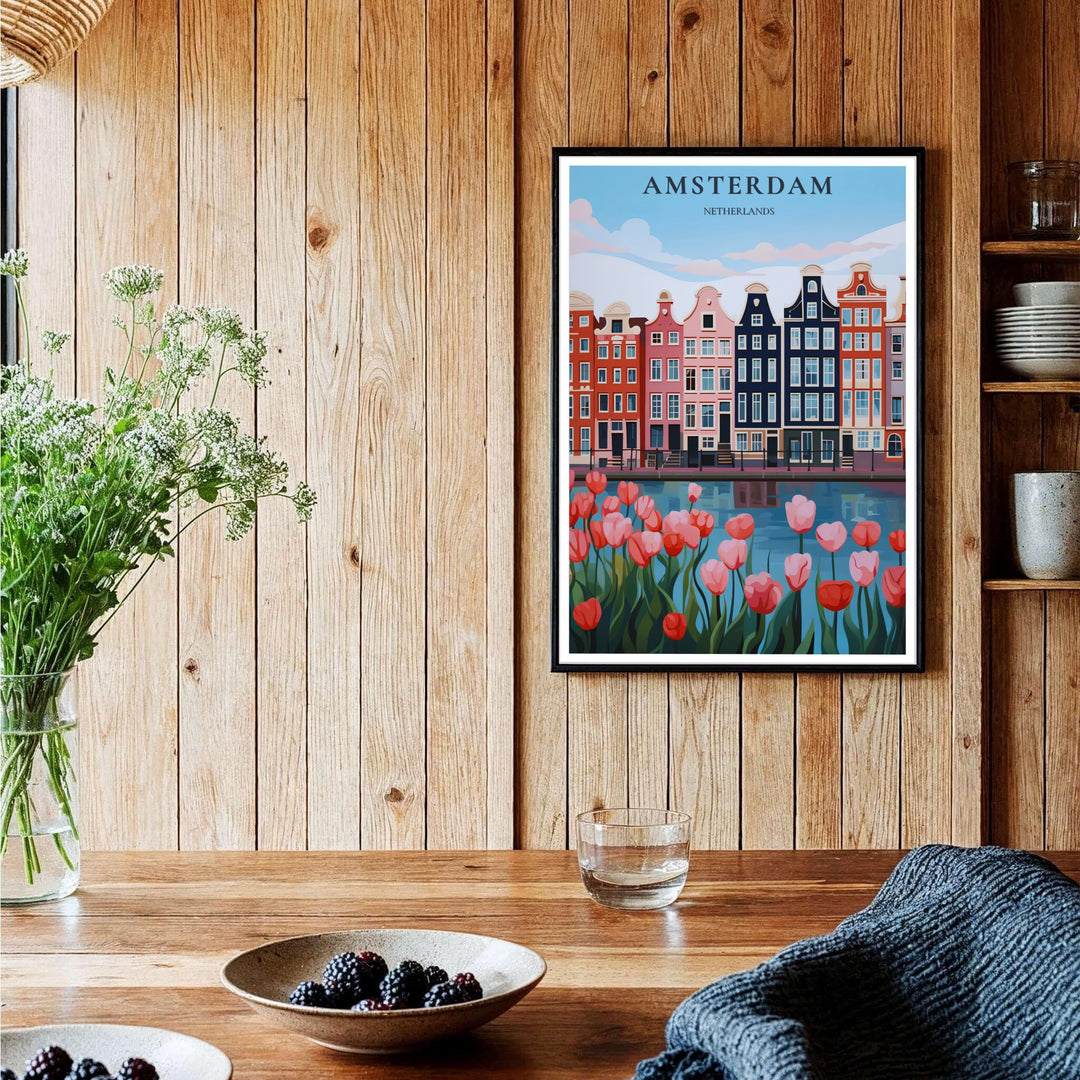 Modern floral cityscape poster of Amsterdam canal houses and foreground tulips, provided by MapYourDreams in versatile choices including unframed paper, gallery wrapped canvas, or custom frame configurations in retro black, pure gold, and natural wood for studio wall decor.