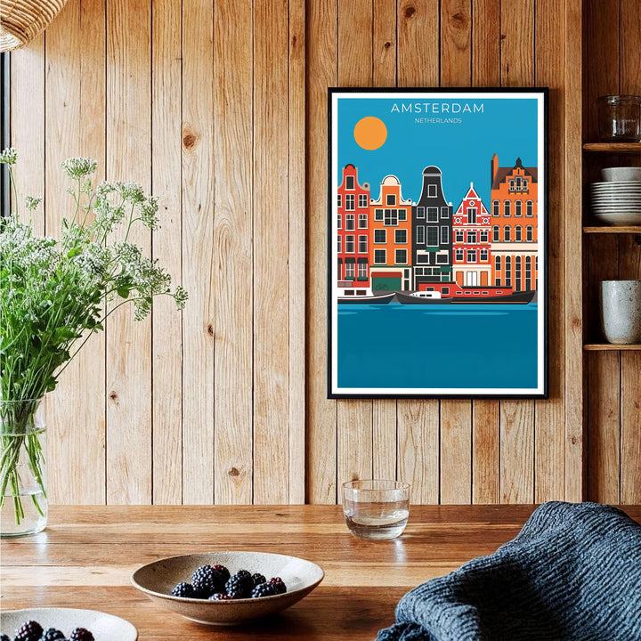 Bright vector city scene print capturing the colorful charm of historic townhouses and teal water in Amsterdam Netherlands, available at MapYourDreams as an unframed archival poster, a stretched gallery canvas print, or a custom framed wall display designed for living room focal points.