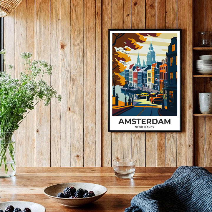 Mid-century style city poster of historic Amsterdam canal architecture lit by warm autumn sunlight and glowing windows, provided by MapYourDreams with available options like unframed paper prints, gallery canvas, or custom frame finishes in natural wood, pure gold, and bronze for offices.