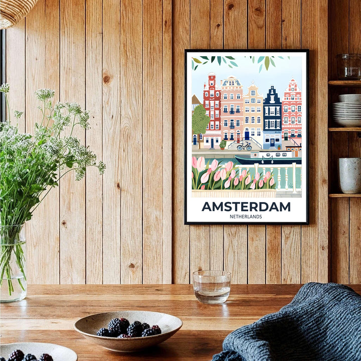 Dreamy gouache travel art print capturing pastel canal houses and pink tulip blossoms in Amsterdam Netherlands, available from MapYourDreams with catalog choices for an unframed archival poster, a stretched gallery canvas print, or a custom framed wall display tailored for quiet reading nooks.
