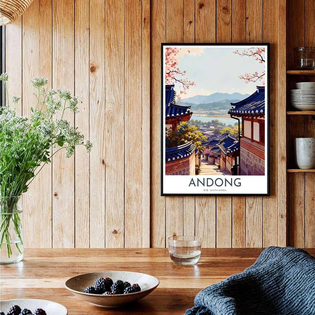 Stylized Asian landscape poster capturing the timeless charm of Hahoe Folk Village in Andong, South Korea, complete with delicate cherry blossoms and traditional architecture. Offered by MapYourDreams, this artwork is available in flexible options including unframed paper, custom wooden frames, and gallery canvas wraps.
