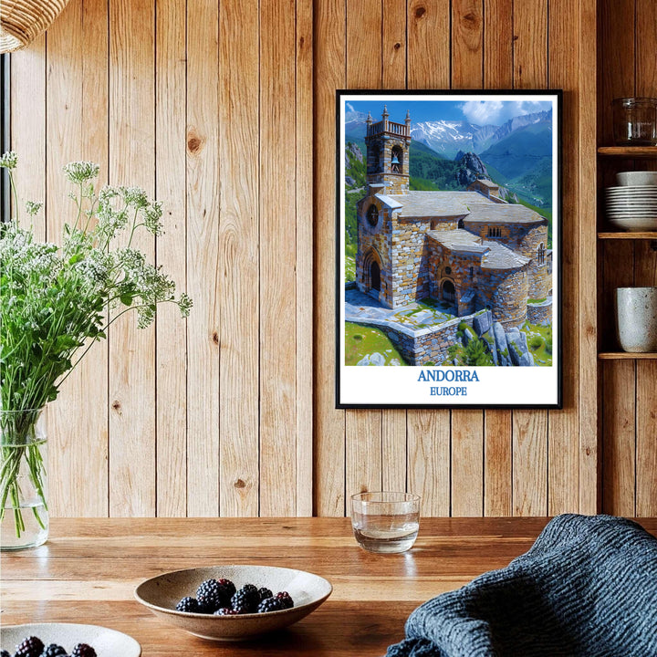 A sunlit medieval church nestled in Pyrenean mountain valleys at Sant Joan de Caselles Church in Andorra highlights this travel poster print. Shop premium framed, unframed, and canvas options online today.
