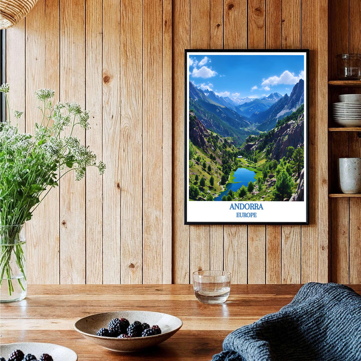 A sunlit mountain tarn cradled by steep granite cliffs in the Valley of Madriu-Perafita-Claror in Andorra highlights this travel poster print. Shop premium framed, unframed, and canvas options online today.