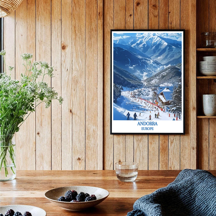 Sunlit snow slopes and alpine ski lifts at Vallnord Ski Resort in Andorra highlight this travel poster print. Shop premium framed, unframed, and canvas options online today to elevate your interior space.