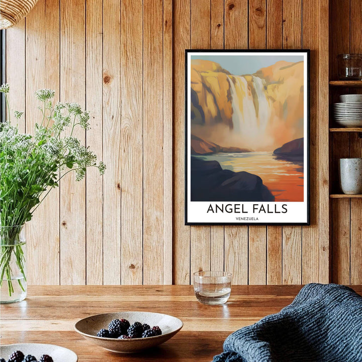 Dramatic golden hour waterfall print designed for living rooms, bedrooms, and cozy home office wall decor. A signature piece from MapYourDreams, this artwork comes ready for display as unframed paper, framed art, or stretched canvas.