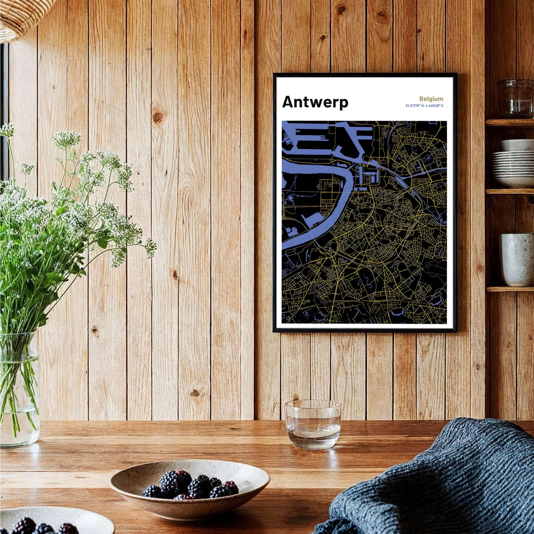 A modern city map poster highlighting Antwerp, Belgium&