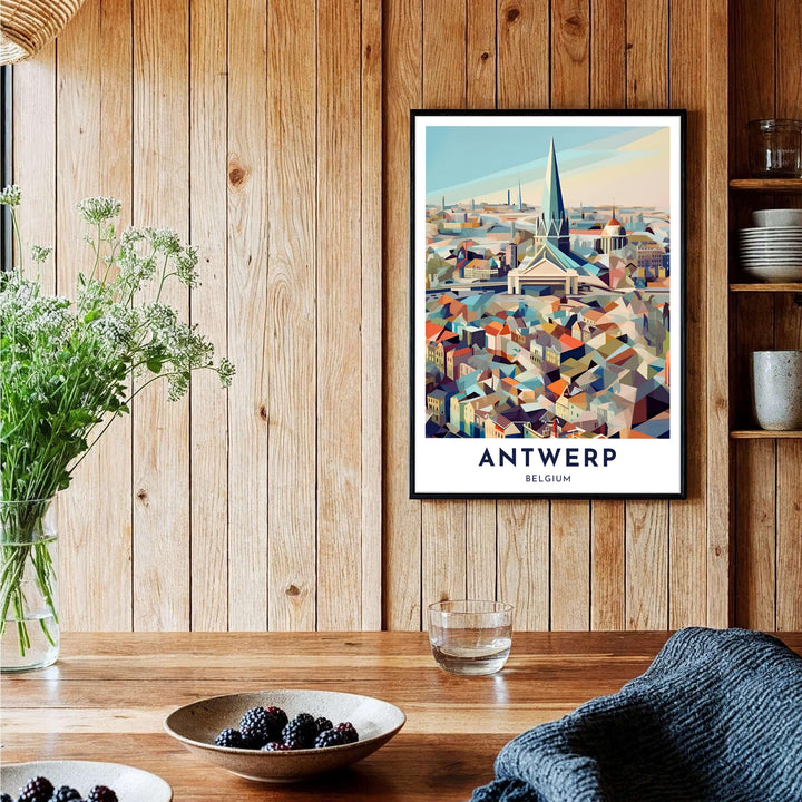 An artistic city skyline print of Antwerp, Belgium, emphasizing cathedral spires and geometric building blocks in burnt orange, teal, and soft yellow. Offered across multiple finishes including unframed archive paper, custom decorative frames, and gallery canvas display styles.