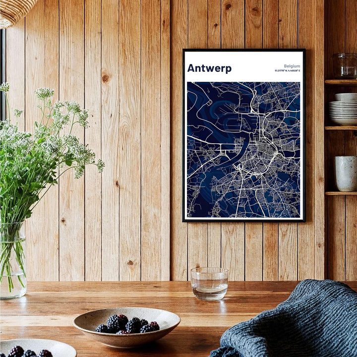 A modern city map poster highlighting downtown Antwerp, Belgium, along with its famous port and street network in white vector linework. Offered by MapYourDreams, this artwork is available in flexible options including unframed paper, custom wooden frames, and gallery canvas wraps.