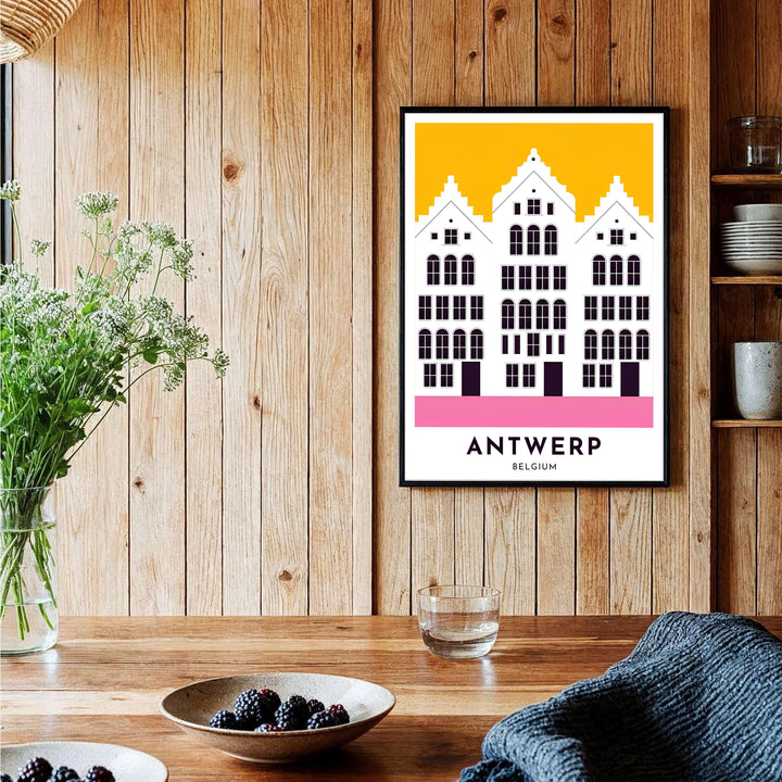 A modern travel poster highlighting the classic Grote Markt guild house architecture in Antwerp, Belgium, in playful yellow and pink tones. Offered by MapYourDreams, this artwork is available in flexible options including unframed paper, custom wooden frames, and gallery canvas wraps.