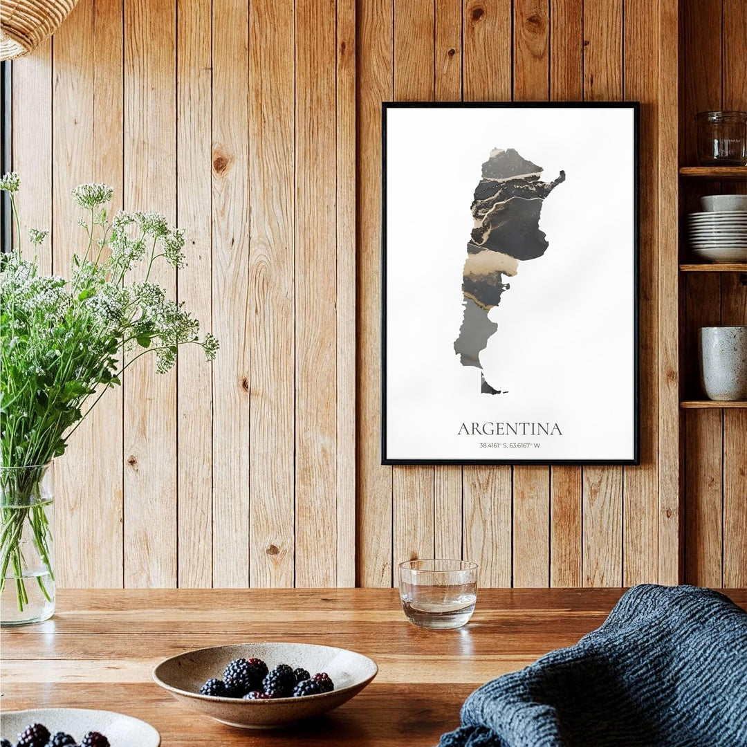 Luxury Argentina map poster showing dramatic marble-textured landmass against a stark minimalist background context. Offered by MapYourDreams, this artwork is available in flexible options including unframed paper, custom wooden frames, and gallery canvas wraps for bedroom wall displays.