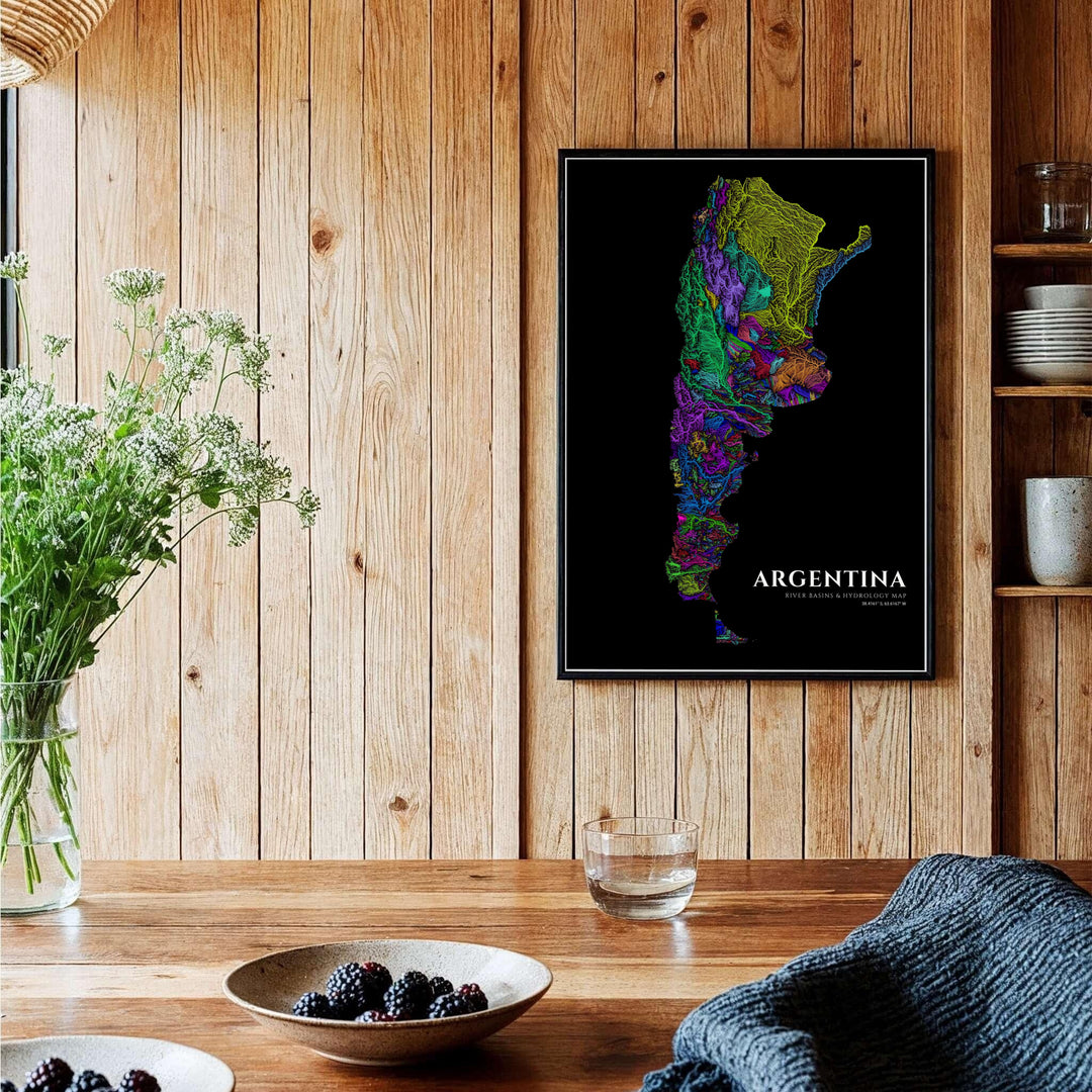 Detailed hydrographic print of Argentina showing major river systems and tributaries mapped in brilliant glowing color spectrums. Brought to you by MapYourDreams, this item can be ordered on archival paper, in custom wooden frames, or wrapped on canvas.