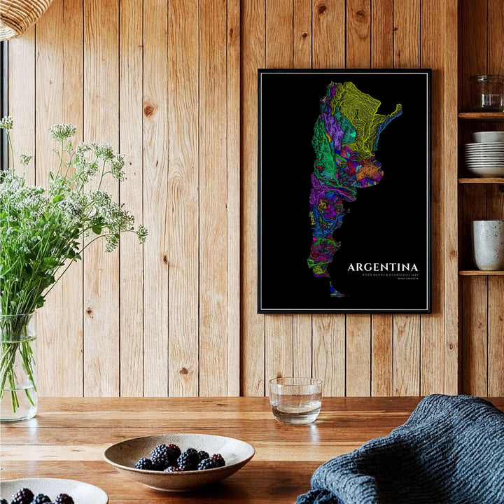Detailed hydrographic print of Argentina showing major river systems and tributaries mapped in brilliant glowing color spectrums. Brought to you by MapYourDreams, this item can be ordered on archival paper, in custom wooden frames, or wrapped on canvas.