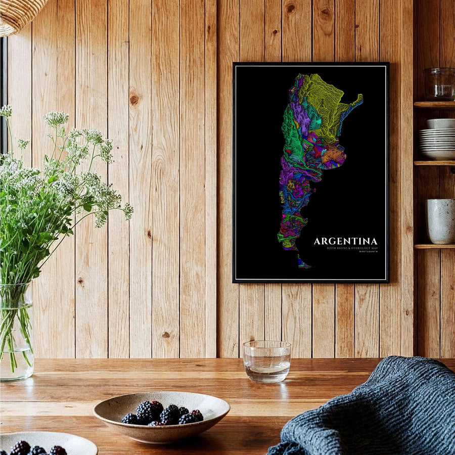 Detailed hydrographic print of Argentina showing major river systems and tributaries mapped in brilliant glowing color spectrums. Brought to you by MapYourDreams, this item can be ordered on archival paper, in custom wooden frames, or wrapped on canvas.