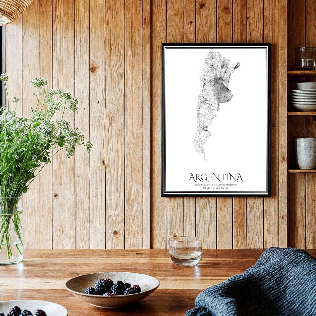 Refined Argentina transit route map in black and white, showing highway networks and city connections outlined against a clean double border. Brought to you by MapYourDreams, this print can be ordered as unframed archival paper, finished with custom wooden frames, or wrapped on canvas.