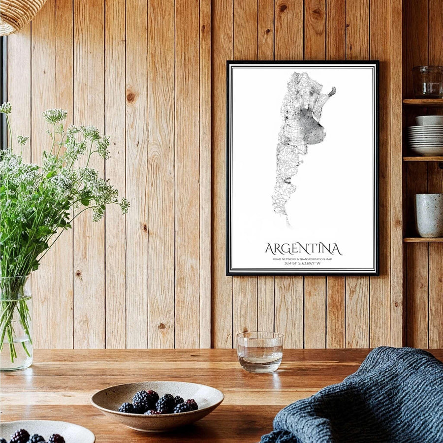 Refined Argentina transit route map in black and white, showing highway networks and city connections outlined against a clean double border. Brought to you by MapYourDreams, this print can be ordered as unframed archival paper, finished with custom wooden frames, or wrapped on canvas.
