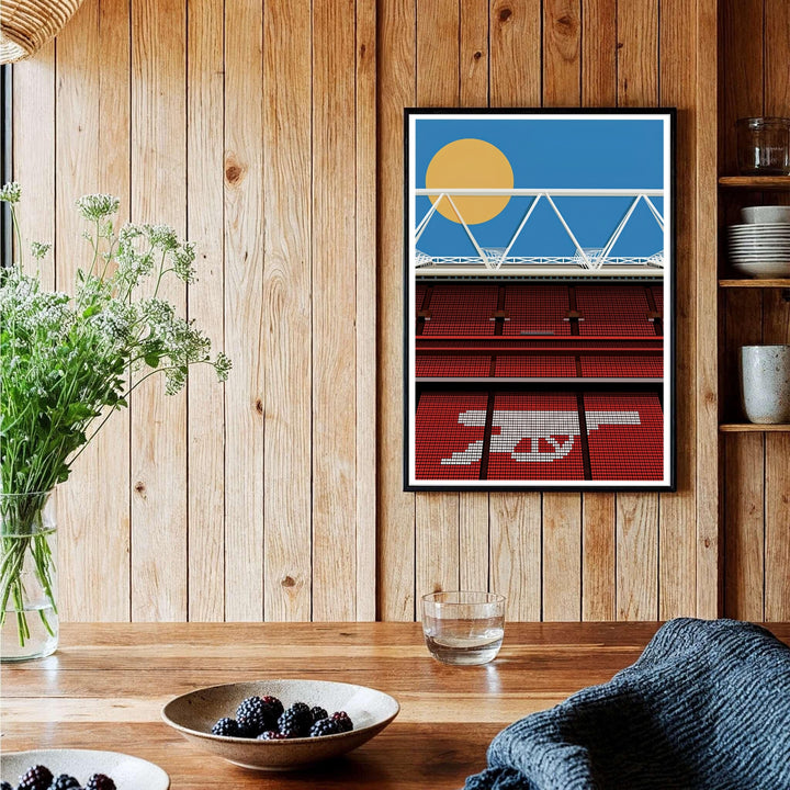 Architectural vector stadium poster highlighting Emirates Stadium in London with bright red seating rows and crisp white roof steel beams. Enhance your office space with options including unframed archival paper prints, custom wood framed artwork, and gallery quality canvas wraps.