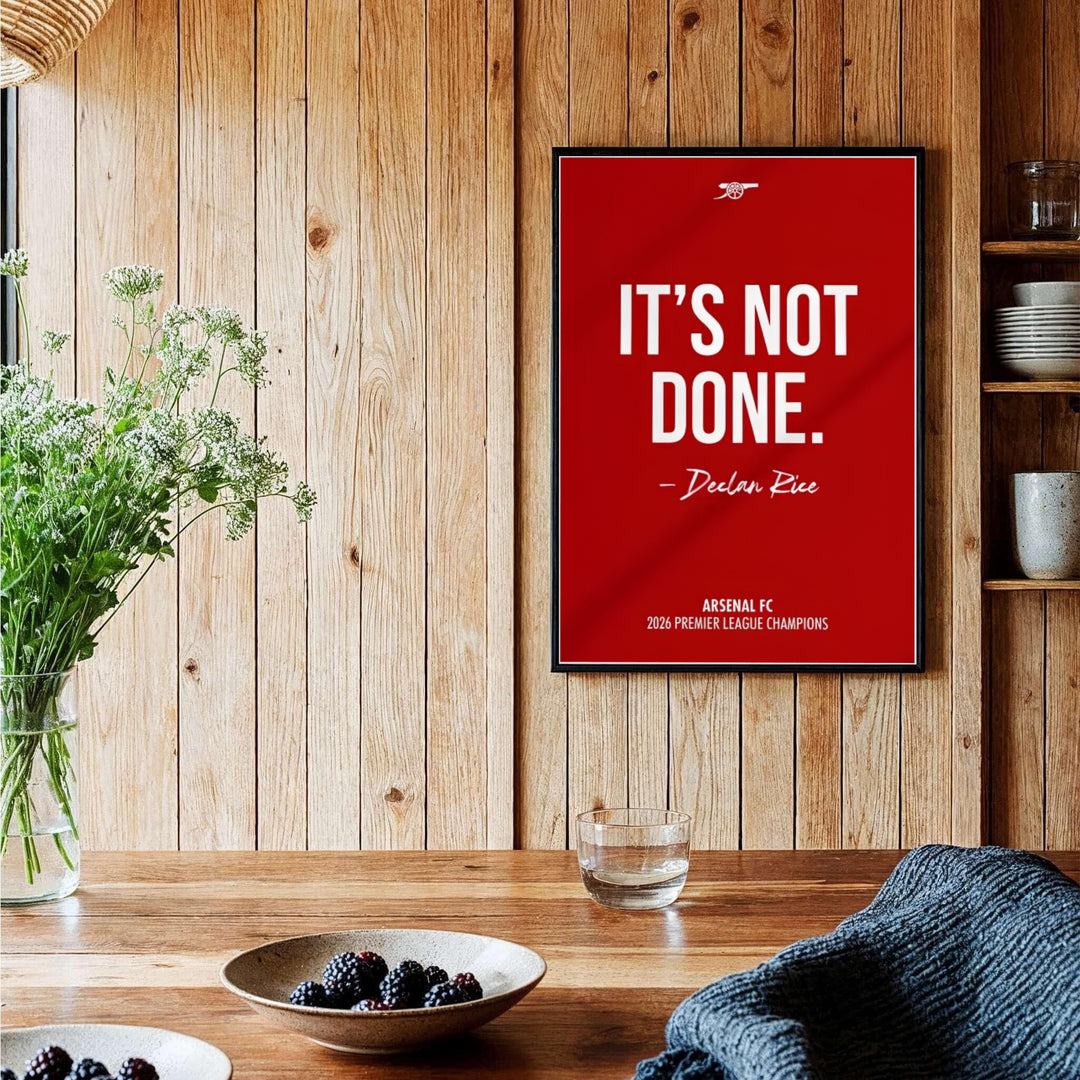 Exclusive Arsenal FC victory typography poster print showing Declan Rice script and cannon logo at Emirates Stadium, available as unframed prints, framed options, or canvas wall decor setups.