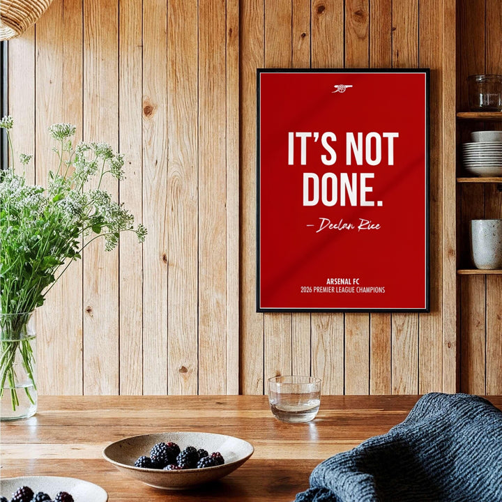 Exclusive Arsenal FC victory typography poster print showing Declan Rice script and cannon logo at Emirates Stadium, available as unframed prints, framed options, or canvas wall decor setups.