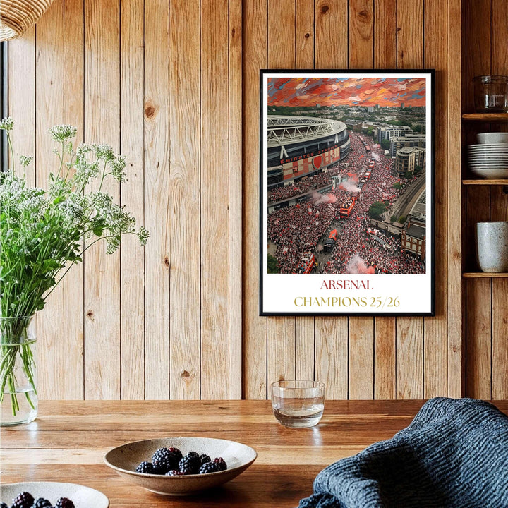 Authentic oil painting wall art print of the historic Arsenal 25/26 championship parade outside Emirates Stadium, available as unframed prints, framed wall art, or canvas decor for feature wall display.