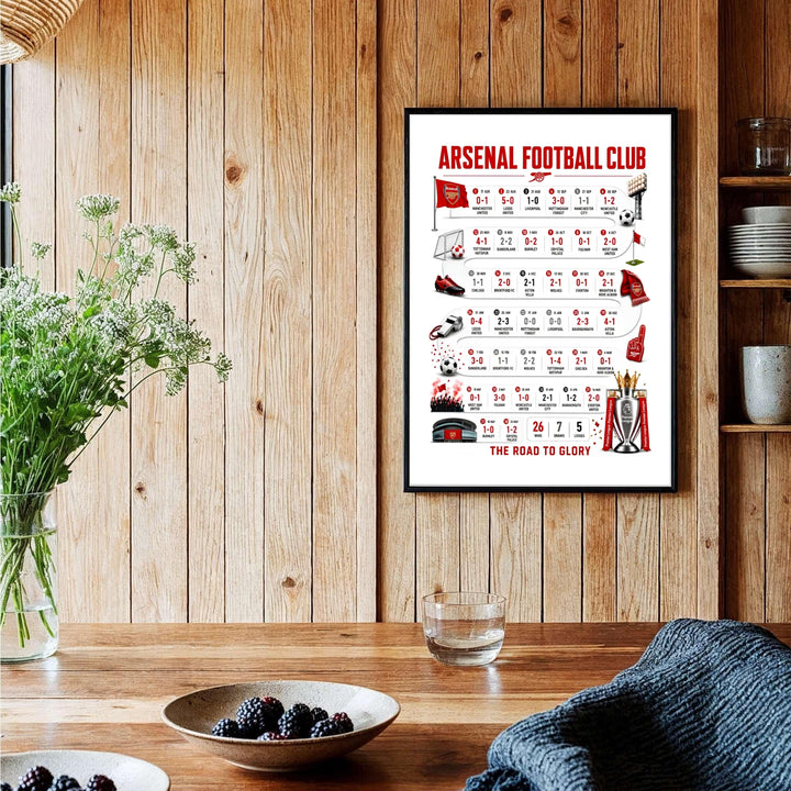 Graphic travel poster style 2025/2026 Arsenal fixture roadmap print celebrating full season football history ending at Emirates Stadium, available as unframed prints, framed options, or canvas wall decor for modern interiors.