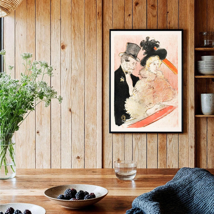 Vintage travel poster style lithograph print of At The Concert (1896), Henri de Toulouse-Lautrec set in a bustling cultural hall in Paris, France. Shop high-definition framed prints, unframed poster art, and stretched canvas choices directly at MapYourDreams for sophisticated spaces.
