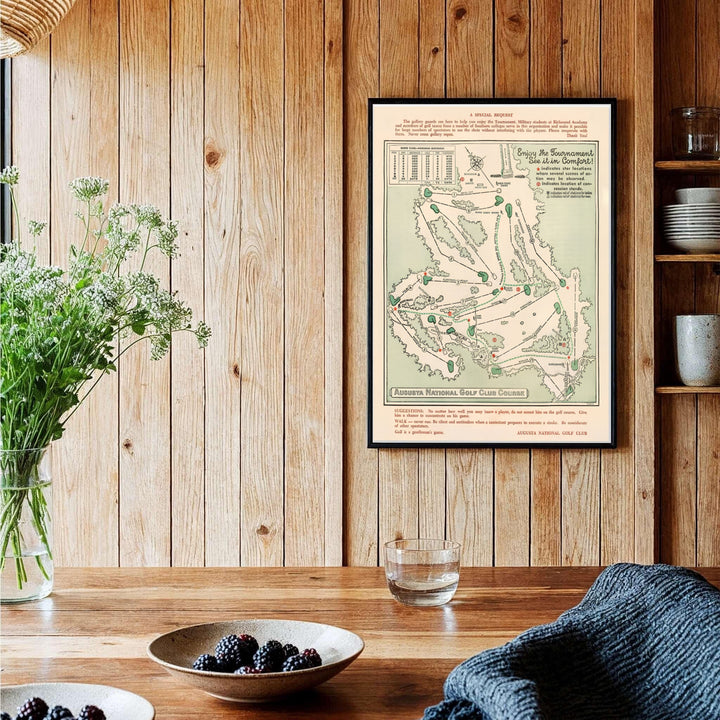Authentic 1954 Augusta Georgia golf course layout print showing original tournament spectator guidance text. Offered by MapYourDreams, this artwork is available in flexible options including unframed paper, custom wooden frames, and gallery canvas wraps for tailored home wall decor setups.
