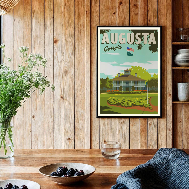 Artistic Augusta Georgia golf print featuring display typography and a scenic view of the famous course entrance. Offered by MapYourDreams, this artwork is available in flexible options including unframed paper, custom wooden frames, and gallery canvas wraps for tailored home wall decor setups.