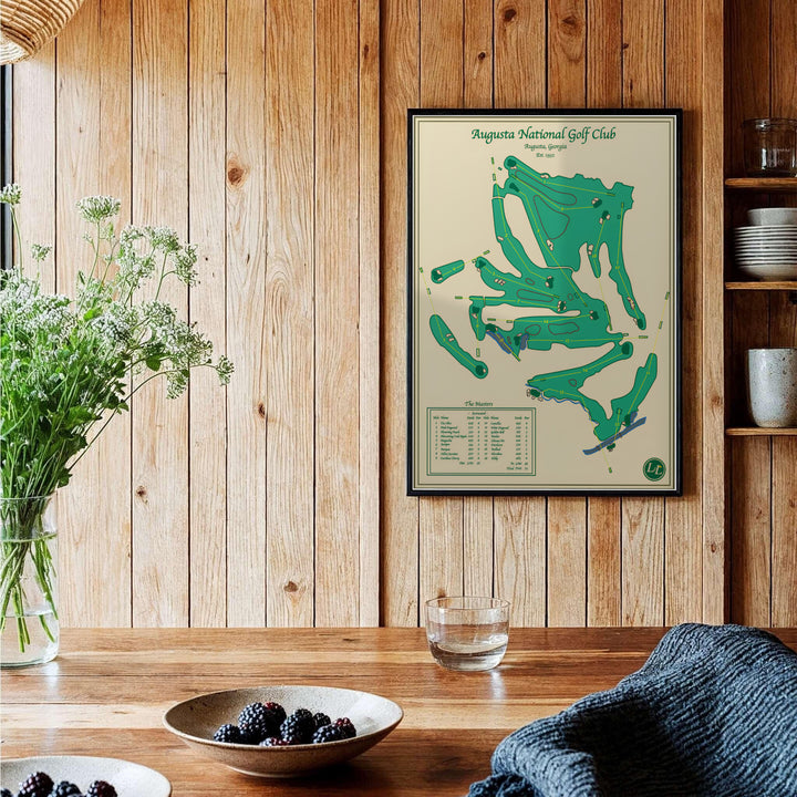 Clean vector Augusta Georgia golf map poster set against a vintage cream backdrop with emerald fairway shapes. Offered by MapYourDreams, this artwork is available in flexible options including unframed paper, custom wooden frames, and gallery canvas wraps for tailored home wall decor setups.