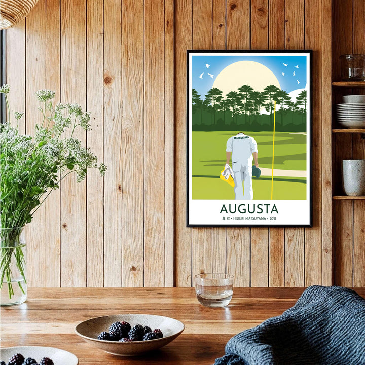 Augusta Georgia Masters golf canvas decor depicting the famous 2021 caddie bow at the 18th hole surrounded by lush green turf and pine groves. Offered by MapYourDreams, this artwork is available in flexible options including unframed paper, custom wooden frames, and gallery canvas wraps for tailored home wall decor setups.