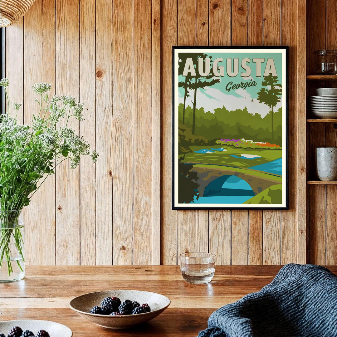 Retro vector art print celebrating Amen Corner at Augusta Georgia with prominent stone bridge masonry and lush green pine tree groves. Offered by MapYourDreams, this artwork is available in flexible options including unframed paper, custom wooden frames, and gallery canvas wraps for tailored home wall decor setups.