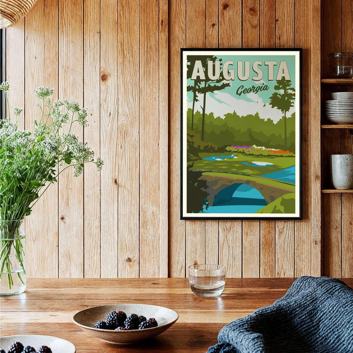 Retro vector art print celebrating Amen Corner at Augusta Georgia with prominent stone bridge masonry and lush green pine tree groves. Offered by MapYourDreams, this artwork is available in flexible options including unframed paper, custom wooden frames, and gallery canvas wraps for tailored home wall decor setups.