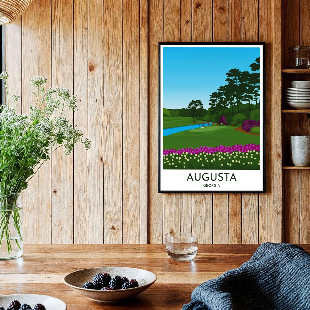 Modern art golf poster illustrating the arched Hogan Bridge over cobalt blue water, pristine sand hazards, and emerald grass in Augusta Georgia. Offered by MapYourDreams, this artwork is available in flexible options including unframed paper, custom wooden frames, and gallery canvas wraps for tailored home wall decor setups.