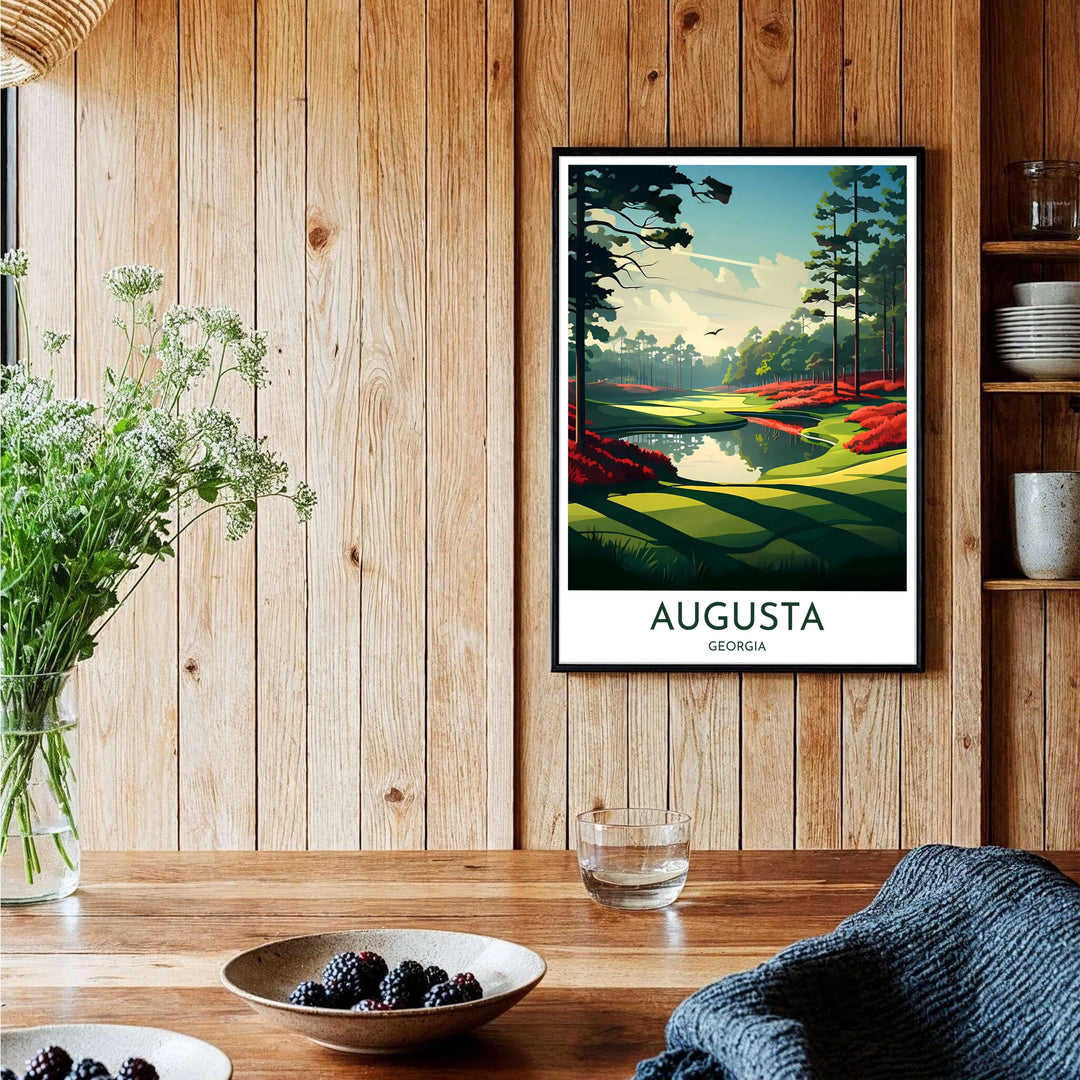 Augusta Georgia Masters golf wall decor featuring an artistic perspective of Hole 13 Azalea with deep green fairways and water hazards. Offered by MapYourDreams, this artwork is available in flexible options including unframed paper, custom wooden frames, and gallery canvas wraps for tailored home wall decor setups.