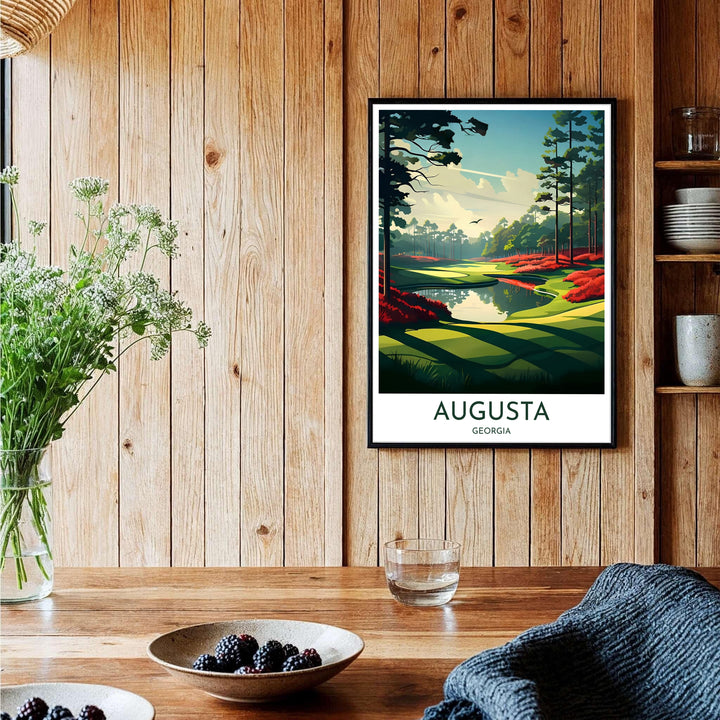 Augusta Georgia Masters golf wall decor featuring an artistic perspective of Hole 13 Azalea with deep green fairways and water hazards. Offered by MapYourDreams, this artwork is available in flexible options including unframed paper, custom wooden frames, and gallery canvas wraps for tailored home wall decor setups.
